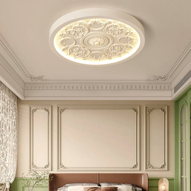 French Elegant White 3D Carved Resin LED Flush Ceiling Light â Dimmable 3-Mode Ambient Lighting