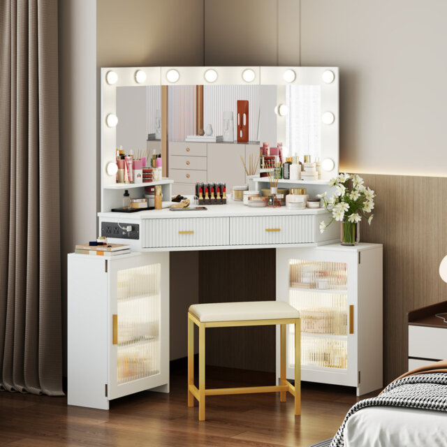 Dressing Table with Motion Sensor 3-colour lighting, Charging Socket, Storage Drawers and Stool