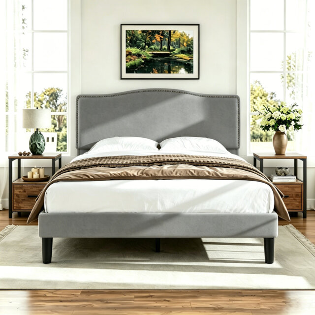 3 Pieces Bedroom Set, Bed Frame with Velvet Upholstered Headboard, Platform Bed Frame and 2 Nightstands with Drawer, No Box Spring Needed, Easy to Ass