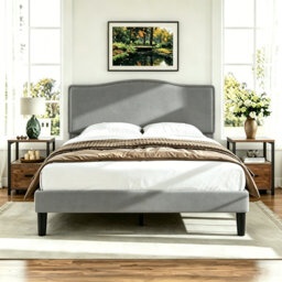 3 Pieces Bedroom Set, Bed Frame with Velvet Upholstered Headboard, Platform Bed Frame and 2 Nightstands with Drawer, No Box Spring Needed, Easy to Ass