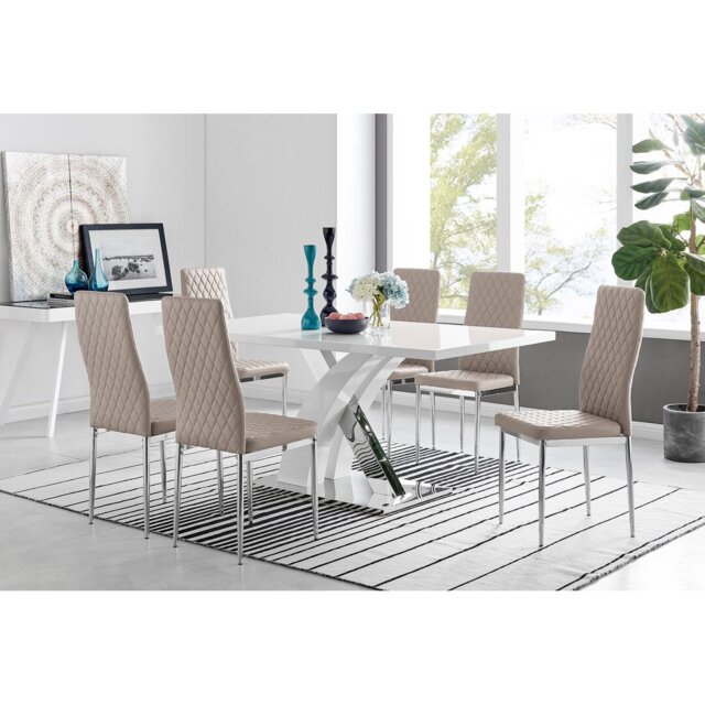 Marietta Chrome Metal & White High Gloss Dining Table Set - 6 Soft Touch Faux Leather Dining Chairs