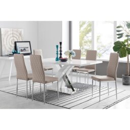 Marietta Chrome Metal & White High Gloss Dining Table Set - 6 Soft Touch Faux Leather Dining Chairs
