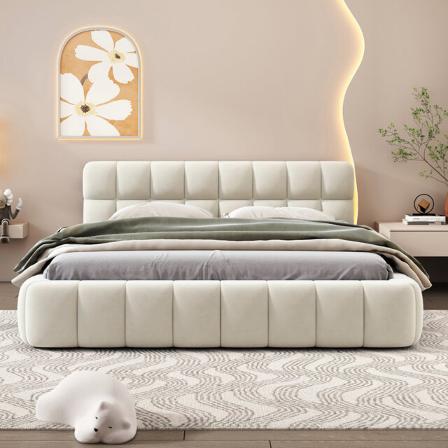 Elegant Upholstered Bed Frame 140X190cm, Linen Fabric Bed Frame With Headboard, Wood Platform Bed With Solid Frame For Bedroom, No Box Spring Needed,