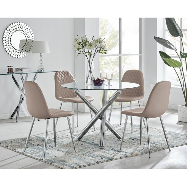 Selina Round Dining Table And 4 Cappuccino Corona Silver Leg Chairs