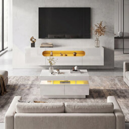 Modern Living Room Set, High-Gloss Floating LED TV Stand & Rectangular Coffee Table Combo