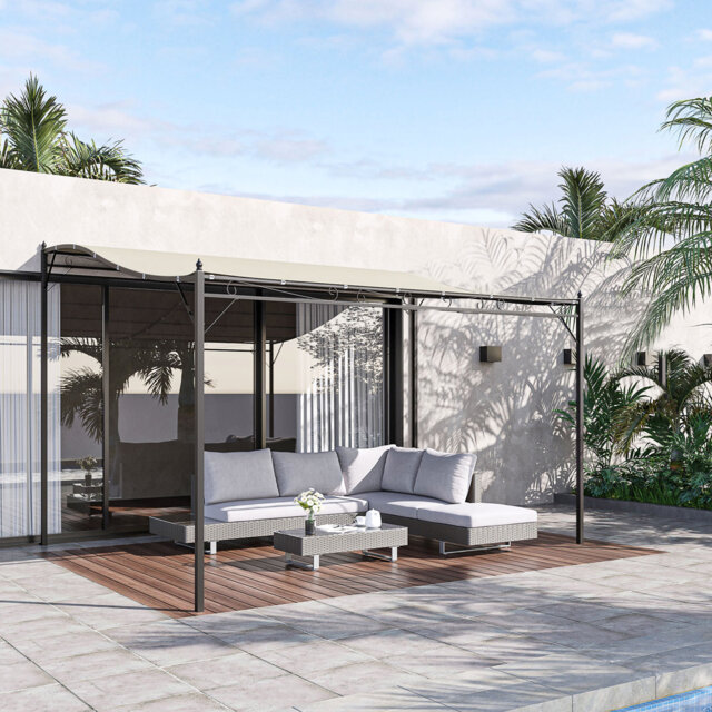 3x3m Black & Cream White Wall Mounted Pergola, Outdoor Garden Porch Canopy With 180gsm Polyester Roof And Powder Coated Metal Frame