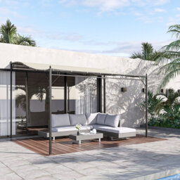 3x3m Black & Cream White Wall Mounted Pergola, Outdoor Garden Porch Canopy With 180gsm Polyester Roof And Powder Coated Metal Frame
