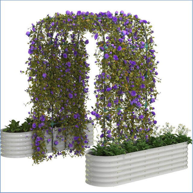 "Galvanized Steel Raised Garden Bed Kit With 85"" Rust-Proofs Trellis Arch - 2 In 1 Vertical Gardening System For Climbing Plants & Flowers - Heavys-Dut"