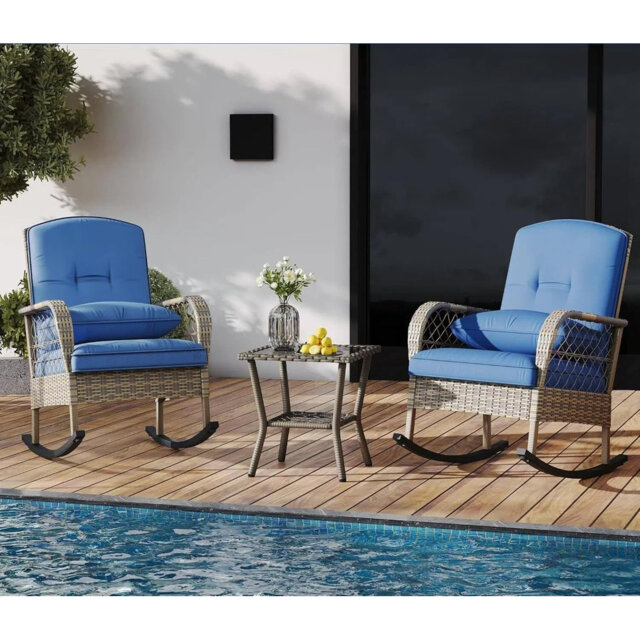 3-Piece PE Rattan Patio Rocking Chair Set, Bistro Set with Cushions & 5mm Tempered Glass Table, All-Weather Outdoor Furniture for Porch, Balcony, Gard