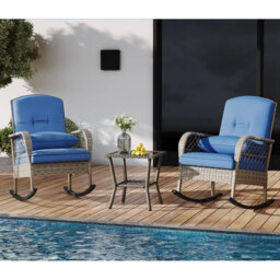 3-Piece PE Rattan Patio Rocking Chair Set, Bistro Set with Cushions & 5mm Tempered Glass Table, All-Weather Outdoor Furniture for Porch, Balcony, Gard