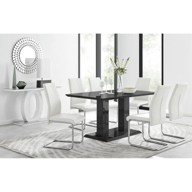 Edzard Double Pedestal High Gloss Dining Table Set with 6 Luxury Faux Leather Dining Chairs