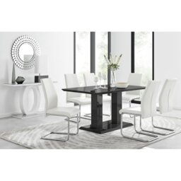 Edzard Double Pedestal High Gloss Dining Table Set with 6 Luxury Faux Leather Dining Chairs