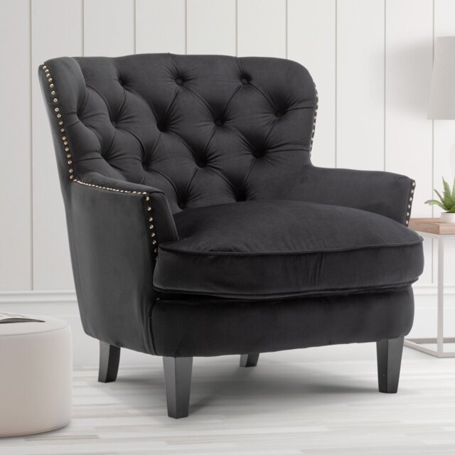 Higgenbotham Velvet Wingback Accent Chair with Button-Tufted Back and Nailhead Trim