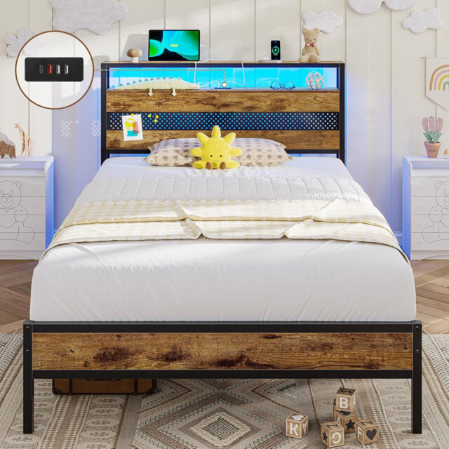 Bed Frame with Wooden Headboard, Metal Platform Bed Frame with LED Lights and Charging Station,Sturdy Metal Slats Support, UnderBed Storage,Easy Assem