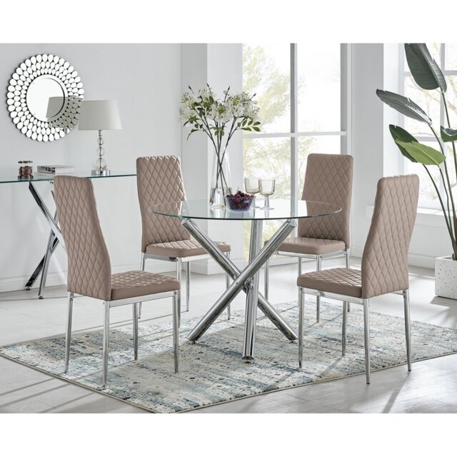 Eubanks Modern Round Dining Table Set in Glass and Chrome with 4 Luxury Faux Leather Chairs