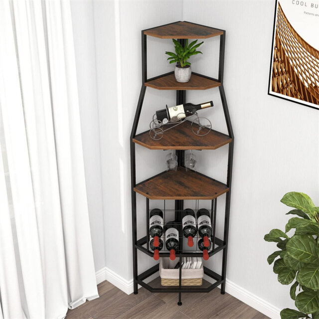 Corner wine rack, floor standing, 5-level corner bar rack with glass holder and wine storage, industrial wine rack, wine bar cabinet for kitchen, bar,