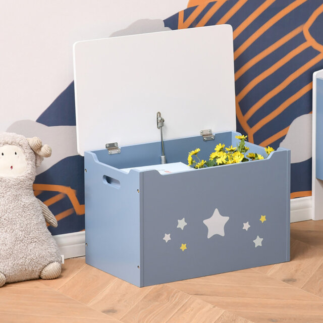 Soft Blue Star And Balloon Printed Kids Toy Box Flip Top MDF Storage Chest With Dual Side Cutout Handles Slow Close Gas Safety Hinge Children Toy Orga