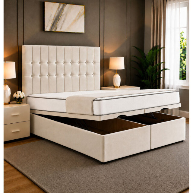Lucca Divan Storage Striped Tufted Ottoman Bed Frame  with Floor Standing Panel Headboard