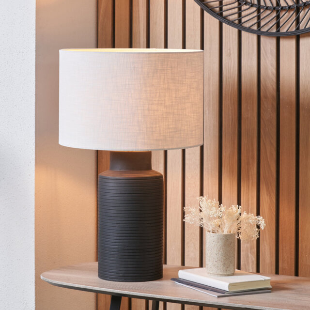 Sierra Natural Tall Ribbed Terracotta Table Lamp Base with Lino 35cm Black Self Lined Linen Cylinder Lampshade