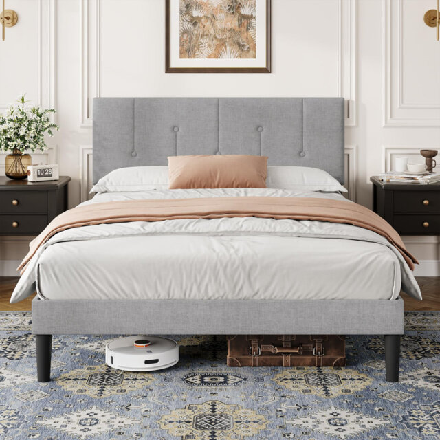 Bed Frame with Adjustable Linen Headboard, Solid Wooden Slats & Upholstered Platform, Easy Assembly