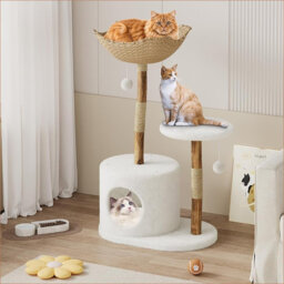 Modern Natural Wood Cat Tree for Cats Aesthetic Cat Tower with Large Basket, Scratching Posts and Real Branch Design, White Luxury Cats Tree One Perch