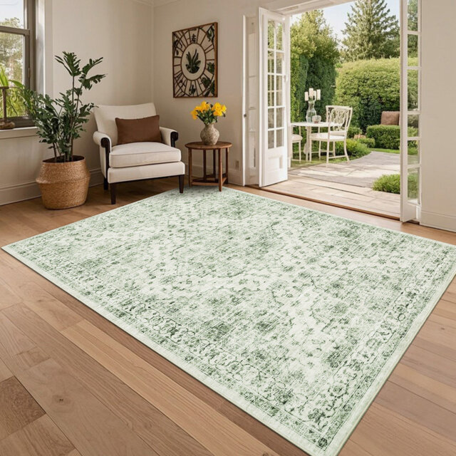 "5.2×7.5Ft Green Vintage Distressed Area Rug - Ultra-Thin 0.25"" Low Pile Non-Shedding Non-Slip Rug for Living Room Bedroom Hallway"