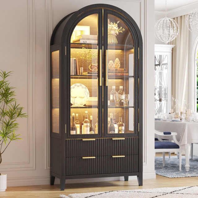 Freestanding Arch Display Cabinet with RGB Lights and Motion Sensor, Large Capacity Tempered Glass Doors Office Storage Cabinets