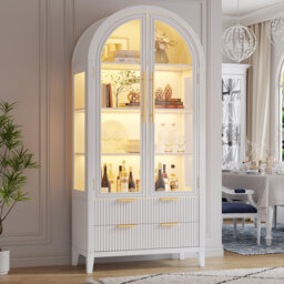 Freestanding Arch Display Cabinet with RGB Lights and Motion Sensor, Large Capacity Tempered Glass Doors Office Storage Cabinets