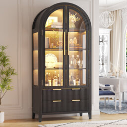 Freestanding Arch Display Cabinet with RGB Lights and Motion Sensor, Large Capacity Tempered Glass Doors Office Storage Cabinets
