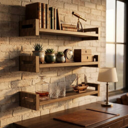 Set of 3 Rustic Walnut Floating Wall Shelves