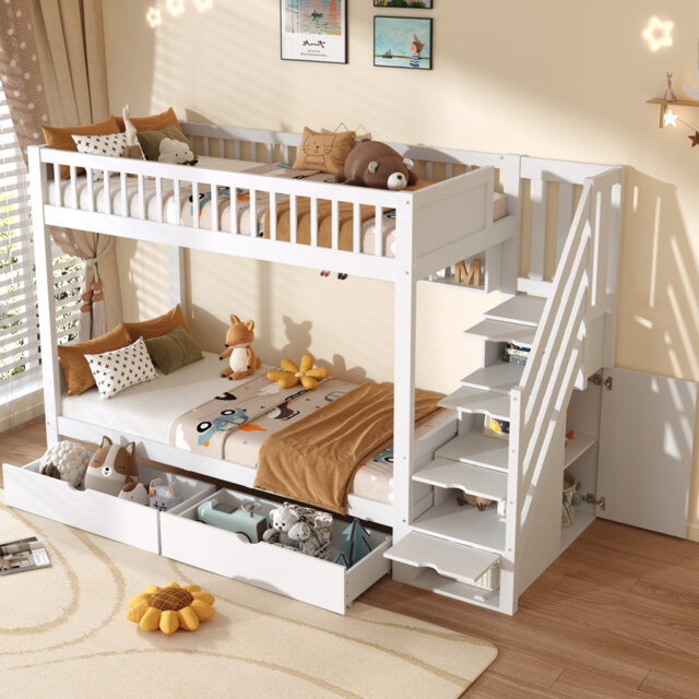 White Solid Wood 3ft Single Loft Bed Under Bed Drawers, Stairway Storage, Shelves & Hidden Lockers, Safety Guardrails