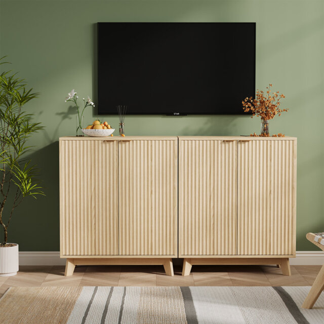 Wooden Sideboard with 2 Doors, Gold Hidden Handle & Sturdy Wood Legs - Modern Fluted Buffet Cabinet for Living Room, Dining Room, Kitchen, Hallway - 8