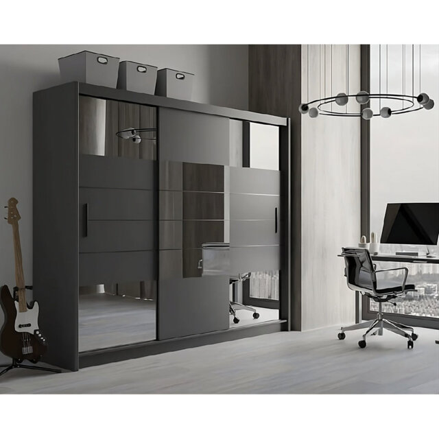 ARUBA 2 250cm Sliding Door Wardrobe in Graphite Matt - Contemporary Elegance with Mirrored Accent