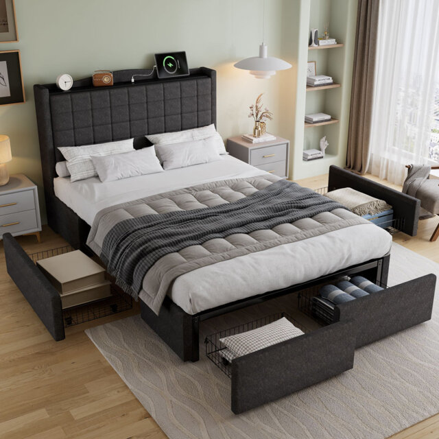 4FT6 Double Storage Bed 135x190cm Upholstered Linen Frame with 4 Drawers and USB Ports for