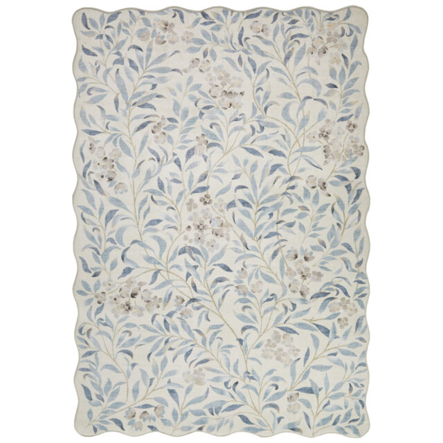 Floral Ivory Blue Washable/Stain Guarded Area Rug