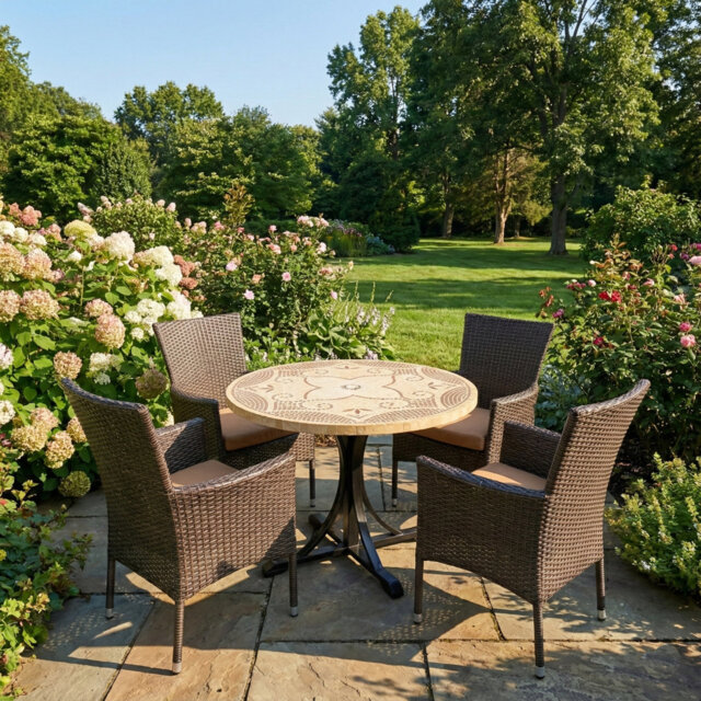 Provence Mosaic Dining Table with 4 STOCKHOLM Chairs Garden Set