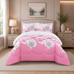 Pink Trendy Printed Bedspread Floral Design Quilted with Pillow Shams