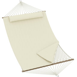 Double Quilted Hammock for 2 Person, 3.5m Large Garden Hammock with Wooden Spreader Bar & Detachable Pillow, 204kg Capacity Outdoor Swing Bed with Cha