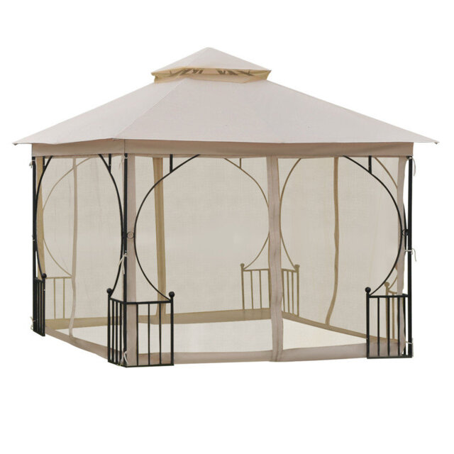 3 x 3m Beige Hexagonal Gazebo with Double Tier Vented Roof, Mesh Netting Sides, and Powder Coated Steel Frame for Outdoor Garden and Patio Use