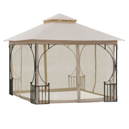 3 x 3m Beige Hexagonal Gazebo with Double Tier Vented Roof, Mesh Netting Sides, and Powder Coated Steel Frame for Outdoor Garden and Patio Use