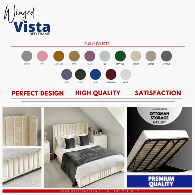 Vista Wingback Ottoman Storage Bed - Plush Velvet Gas Lift Bed Frame with Headboard