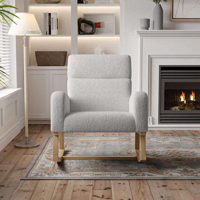 Upholstered Rocking Chair, Boucle Glider Chair Nursery Chair With High Back And Side Pocket, Rocking Accent Armchair With Rubber Wood Legs For Living