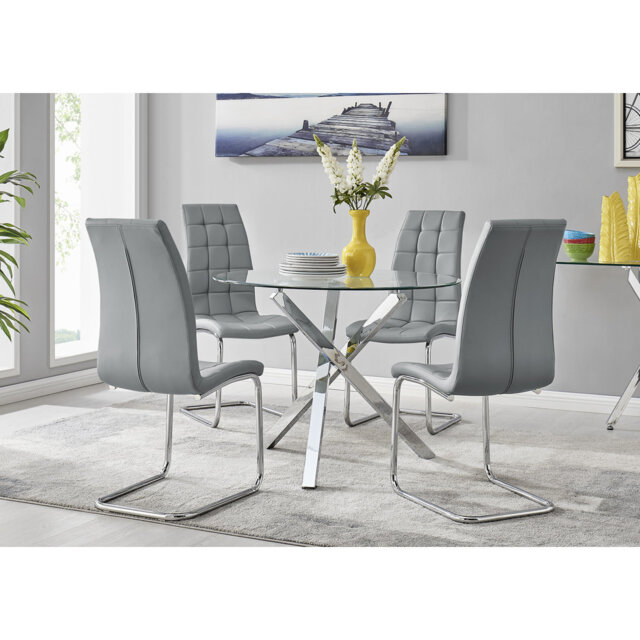 Seline Modern Round Dining Table Set in Glass and Chrome with 4 Modern Faux Leather Dining Chairs
