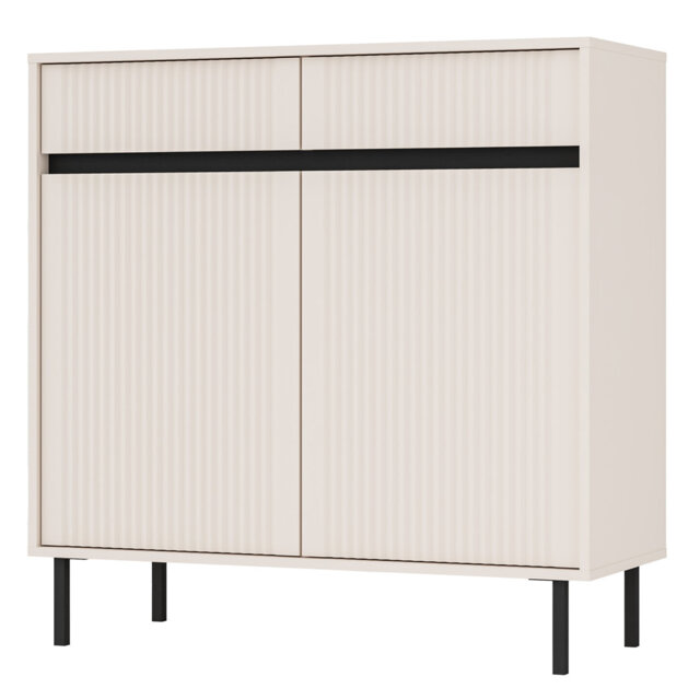 Bev Two-Door Sideboard with Two Drawers and Fluted Fronts, 100 cm, Sand Beige with Black Legs