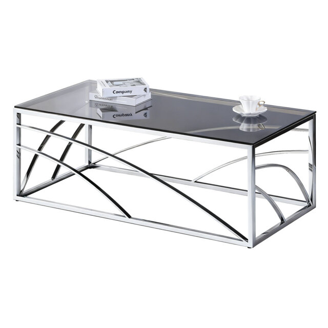 Regency Modern Stainless Steel Silver Coffee Table With Tempered Glass Top