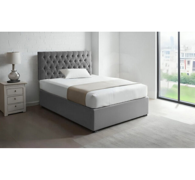 4FT6 Double Grey Suede Divan Bed Set with 20'' Headboard & 10'' Spring Memory foam Mattress  Jaquish