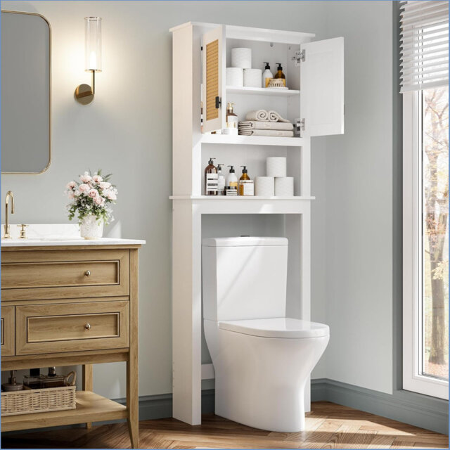 Over The Toilet Storage Cabinet, Over Toilet Storage With Rattan Door And Adjustable Shelf, Freestanding Above The Toilet Storage For Bathroom Behind