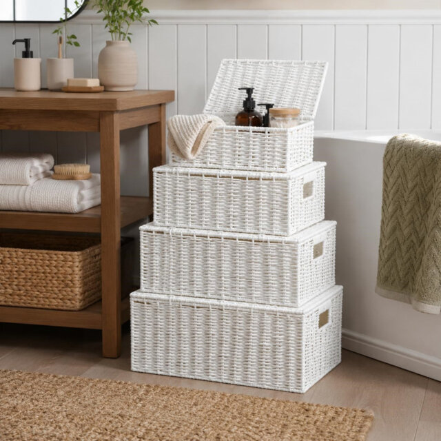 White Woven Paper Rope Storage Baskets with Lids Decorative Storage Boxes with Handles, Set of 4