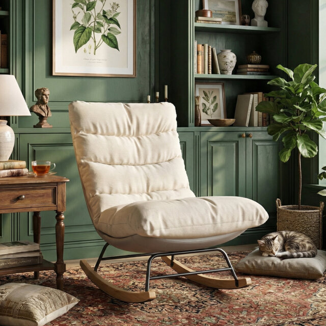 Two-Tone Upholstered Rocking Chair, Modern Nursery Accent Chair in Linen & Leathaire, Beige & Grey