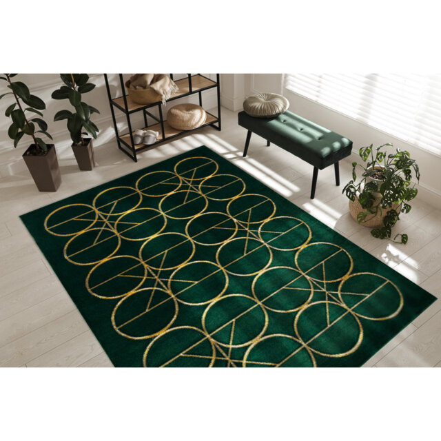 Exclusive glamor rug, Stivoll, circles bottle green / gold